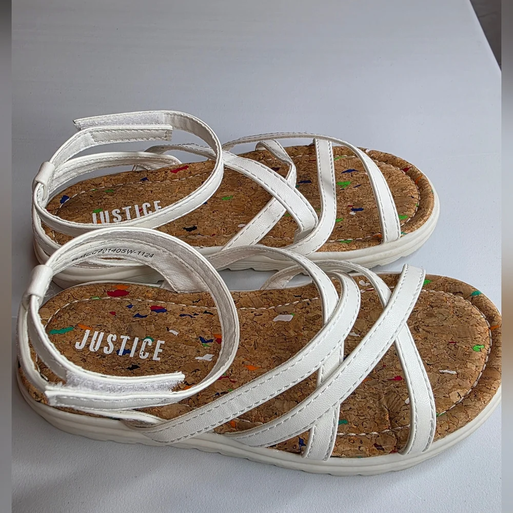 Justice Size 1 Little Girl's Strappy Sandal White Velcro LIKE NEW 2799-L